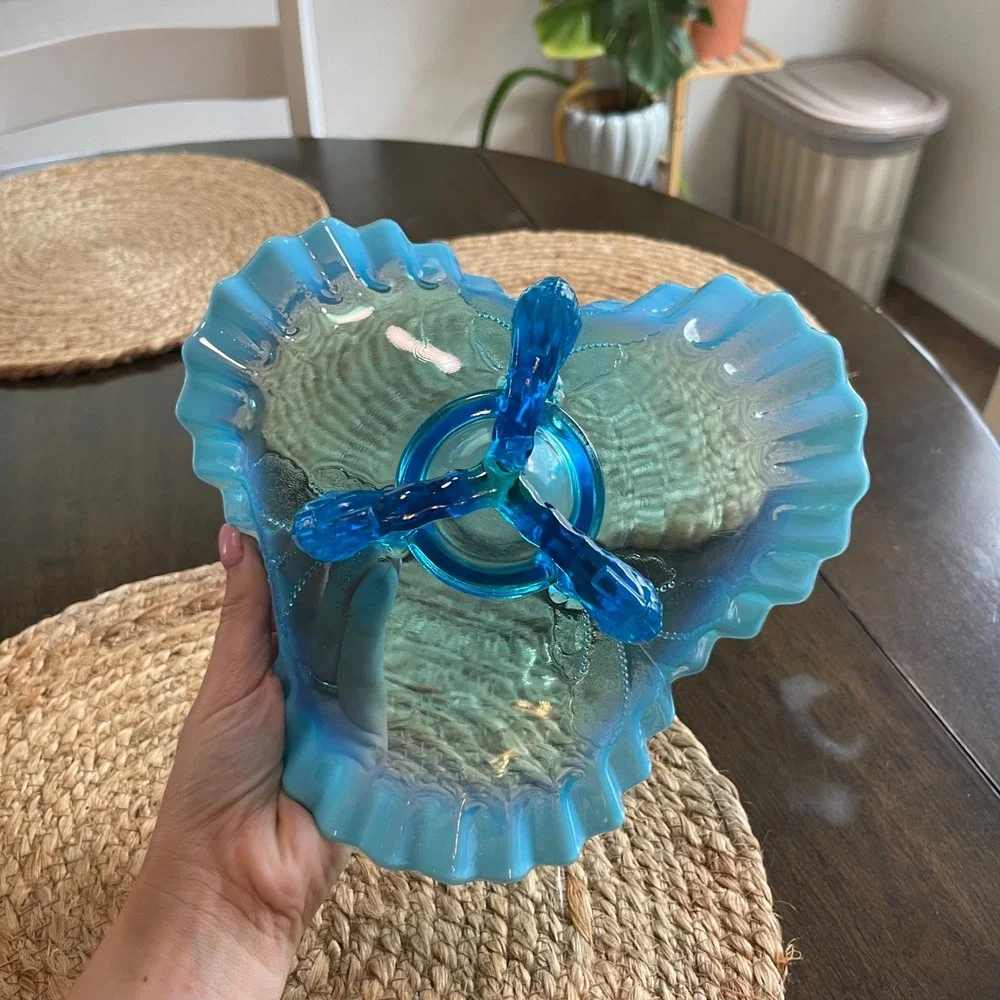 Vintage Blue Opalescent Glass Ruffled Footed Candy Dish Compote